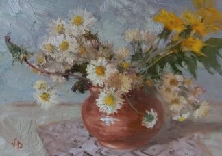 Daisies and Dandelions in a Clay Pot