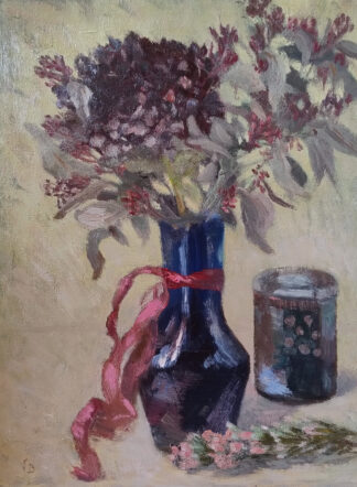 Hydrangea, Blue Vase, Red Ribbon